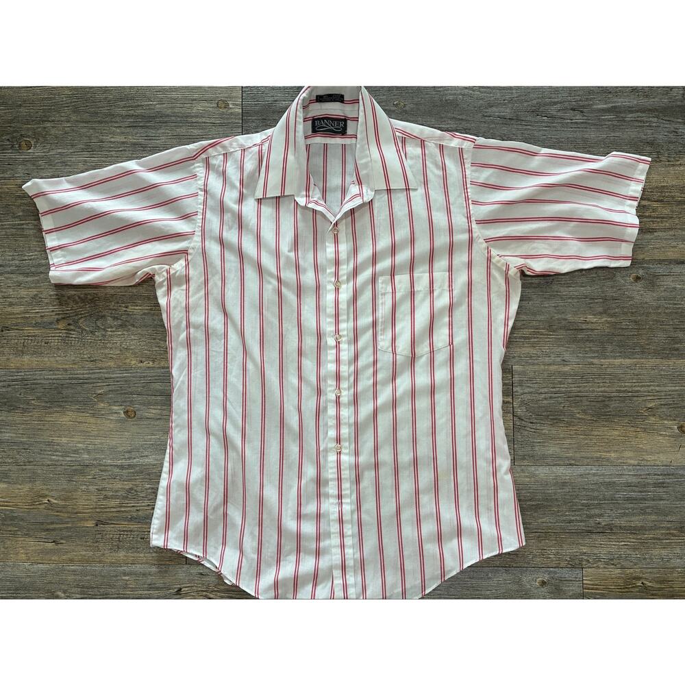 VTG Banner 1970’s Button Down Collared Shirt Red White Preppy Normcore Large